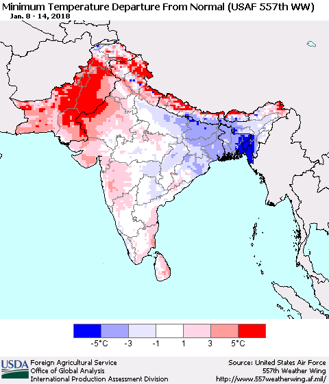 Southern Asia Mean Minimum Temperature Departure from Normal (USAF 557th WW) Thematic Map For 1/8/2018 - 1/14/2018