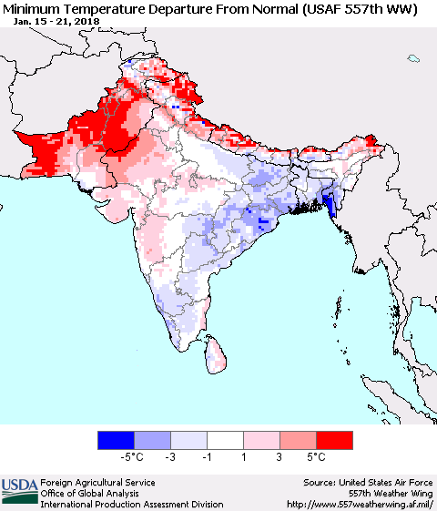 Southern Asia Mean Minimum Temperature Departure from Normal (USAF 557th WW) Thematic Map For 1/15/2018 - 1/21/2018