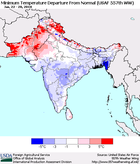 Southern Asia Mean Minimum Temperature Departure from Normal (USAF 557th WW) Thematic Map For 1/22/2018 - 1/28/2018
