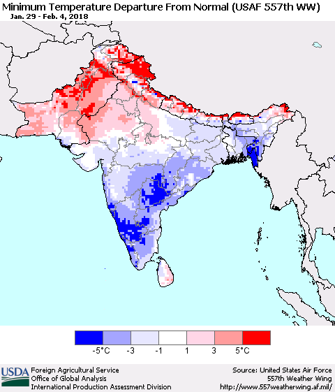 Southern Asia Mean Minimum Temperature Departure from Normal (USAF 557th WW) Thematic Map For 1/29/2018 - 2/4/2018