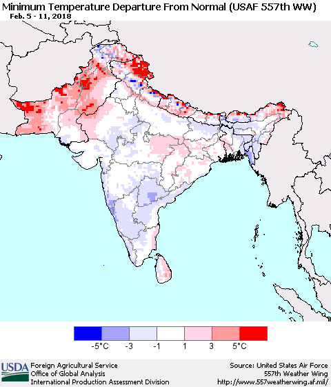 Southern Asia Mean Minimum Temperature Departure from Normal (USAF 557th WW) Thematic Map For 2/5/2018 - 2/11/2018