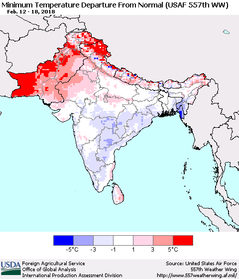 Southern Asia Mean Minimum Temperature Departure from Normal (USAF 557th WW) Thematic Map For 2/12/2018 - 2/18/2018