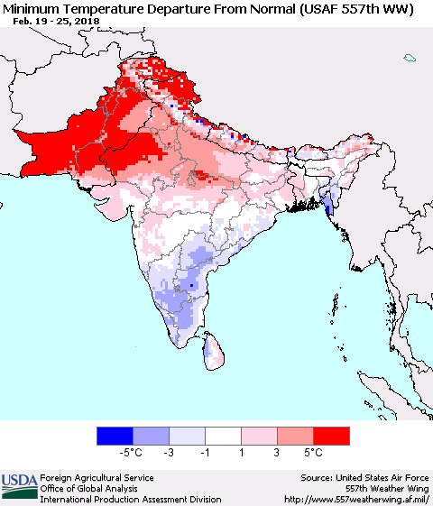 Southern Asia Mean Minimum Temperature Departure from Normal (USAF 557th WW) Thematic Map For 2/19/2018 - 2/25/2018
