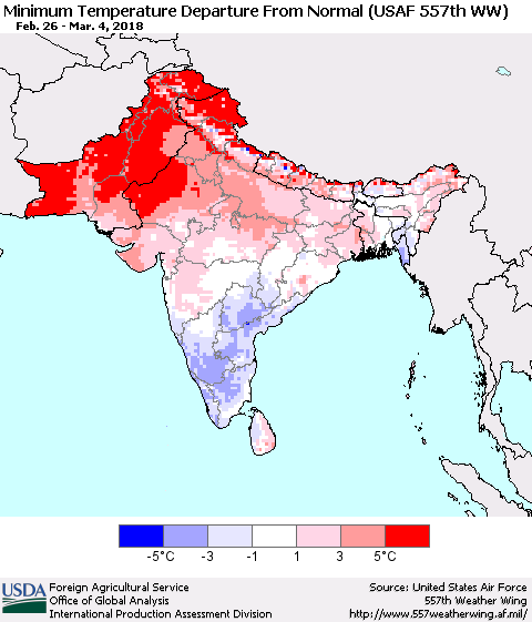 Southern Asia Mean Minimum Temperature Departure from Normal (USAF 557th WW) Thematic Map For 2/26/2018 - 3/4/2018