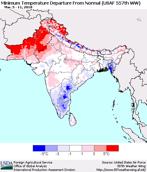 Southern Asia Mean Minimum Temperature Departure from Normal (USAF 557th WW) Thematic Map For 3/5/2018 - 3/11/2018