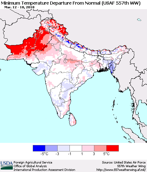 Southern Asia Mean Minimum Temperature Departure from Normal (USAF 557th WW) Thematic Map For 3/12/2018 - 3/18/2018