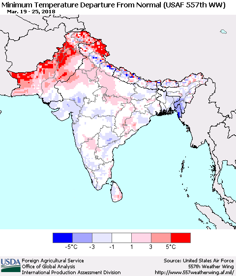 Southern Asia Mean Minimum Temperature Departure from Normal (USAF 557th WW) Thematic Map For 3/19/2018 - 3/25/2018