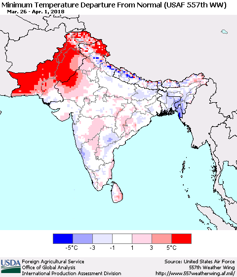 Southern Asia Mean Minimum Temperature Departure from Normal (USAF 557th WW) Thematic Map For 3/26/2018 - 4/1/2018