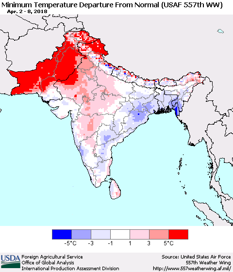 Southern Asia Mean Minimum Temperature Departure from Normal (USAF 557th WW) Thematic Map For 4/2/2018 - 4/8/2018