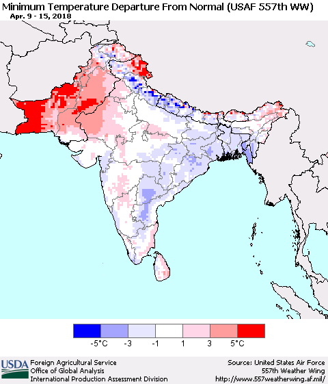 Southern Asia Mean Minimum Temperature Departure from Normal (USAF 557th WW) Thematic Map For 4/9/2018 - 4/15/2018