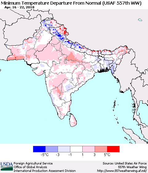 Southern Asia Mean Minimum Temperature Departure from Normal (USAF 557th WW) Thematic Map For 4/16/2018 - 4/22/2018