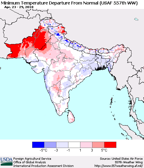 Southern Asia Mean Minimum Temperature Departure from Normal (USAF 557th WW) Thematic Map For 4/23/2018 - 4/29/2018