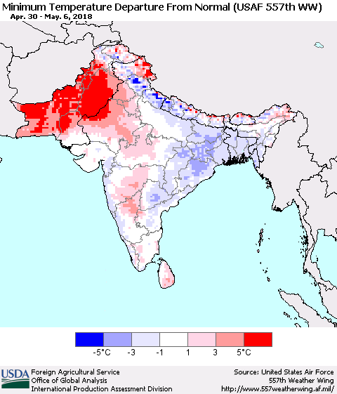 Southern Asia Mean Minimum Temperature Departure from Normal (USAF 557th WW) Thematic Map For 4/30/2018 - 5/6/2018