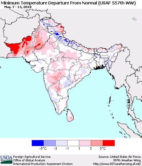 Southern Asia Mean Minimum Temperature Departure from Normal (USAF 557th WW) Thematic Map For 5/7/2018 - 5/13/2018