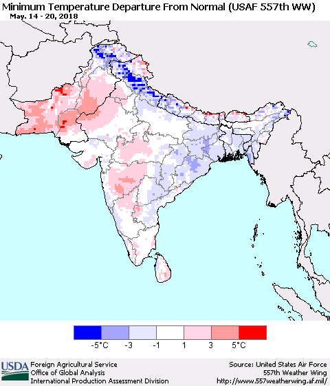 Southern Asia Mean Minimum Temperature Departure from Normal (USAF 557th WW) Thematic Map For 5/14/2018 - 5/20/2018