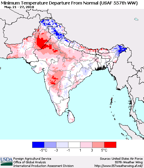 Southern Asia Mean Minimum Temperature Departure from Normal (USAF 557th WW) Thematic Map For 5/21/2018 - 5/27/2018