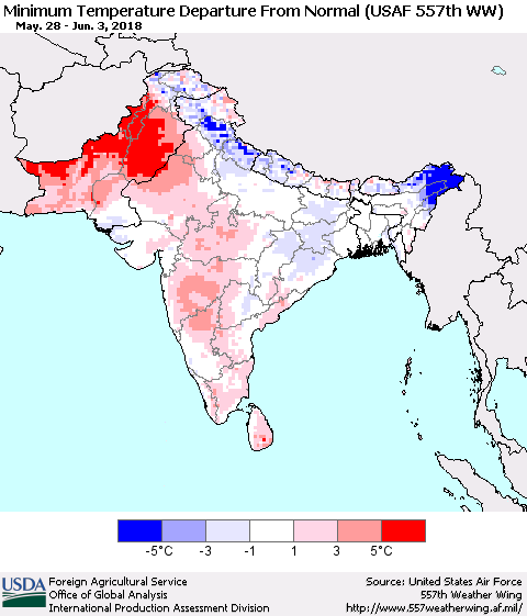 Southern Asia Mean Minimum Temperature Departure from Normal (USAF 557th WW) Thematic Map For 5/28/2018 - 6/3/2018