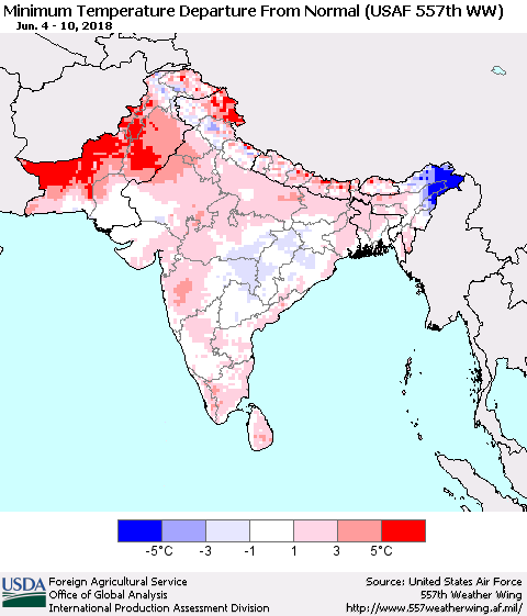 Southern Asia Mean Minimum Temperature Departure from Normal (USAF 557th WW) Thematic Map For 6/4/2018 - 6/10/2018