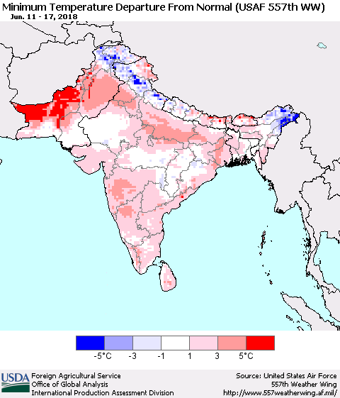 Southern Asia Mean Minimum Temperature Departure from Normal (USAF 557th WW) Thematic Map For 6/11/2018 - 6/17/2018