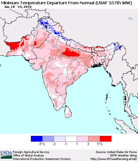 Southern Asia Mean Minimum Temperature Departure from Normal (USAF 557th WW) Thematic Map For 6/18/2018 - 6/24/2018