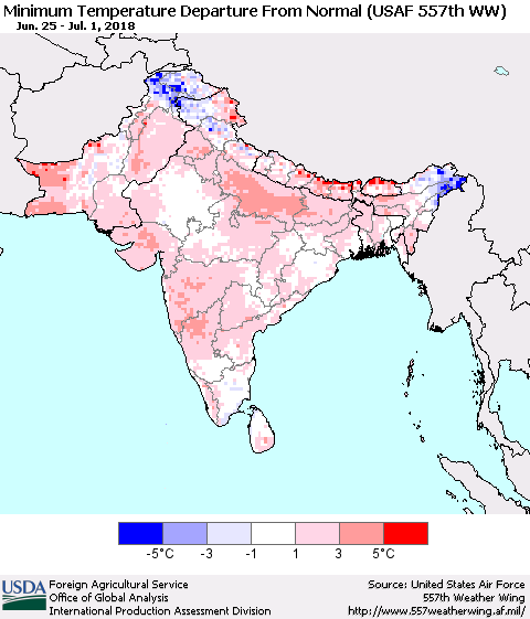 Southern Asia Mean Minimum Temperature Departure from Normal (USAF 557th WW) Thematic Map For 6/25/2018 - 7/1/2018