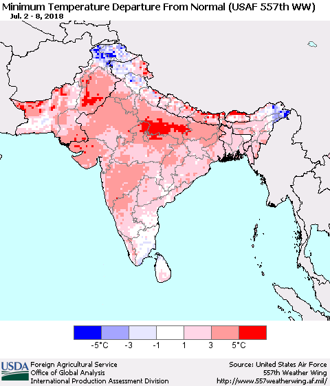 Southern Asia Mean Minimum Temperature Departure from Normal (USAF 557th WW) Thematic Map For 7/2/2018 - 7/8/2018