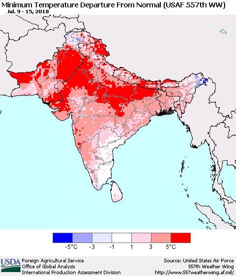 Southern Asia Mean Minimum Temperature Departure from Normal (USAF 557th WW) Thematic Map For 7/9/2018 - 7/15/2018