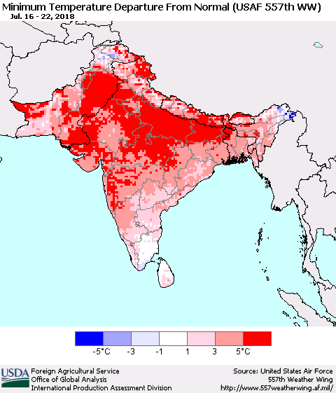 Southern Asia Mean Minimum Temperature Departure from Normal (USAF 557th WW) Thematic Map For 7/16/2018 - 7/22/2018
