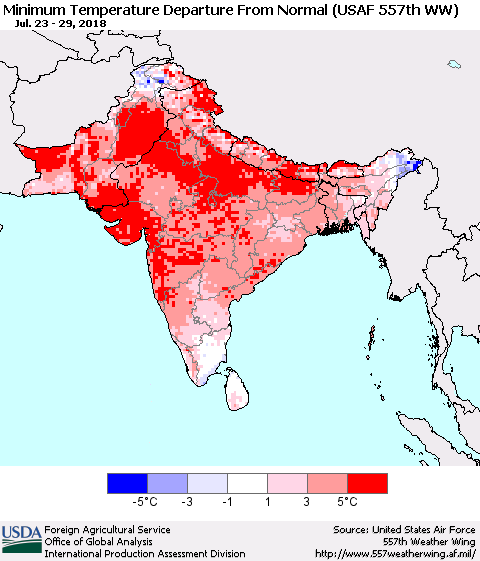 Southern Asia Mean Minimum Temperature Departure from Normal (USAF 557th WW) Thematic Map For 7/23/2018 - 7/29/2018