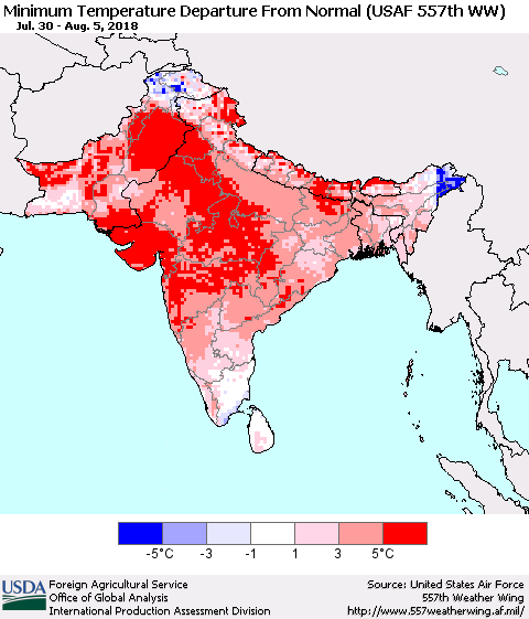 Southern Asia Mean Minimum Temperature Departure from Normal (USAF 557th WW) Thematic Map For 7/30/2018 - 8/5/2018