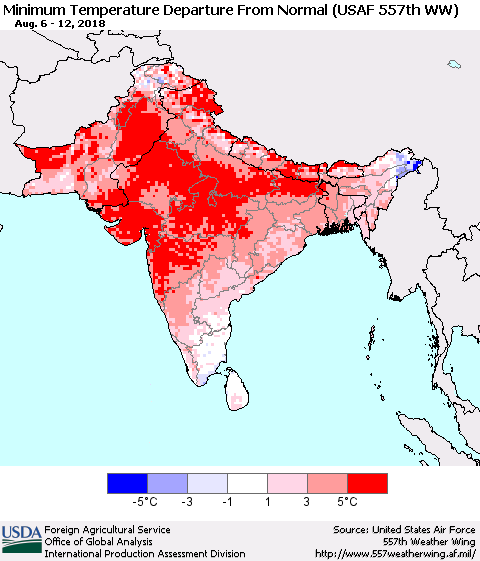 Southern Asia Mean Minimum Temperature Departure from Normal (USAF 557th WW) Thematic Map For 8/6/2018 - 8/12/2018