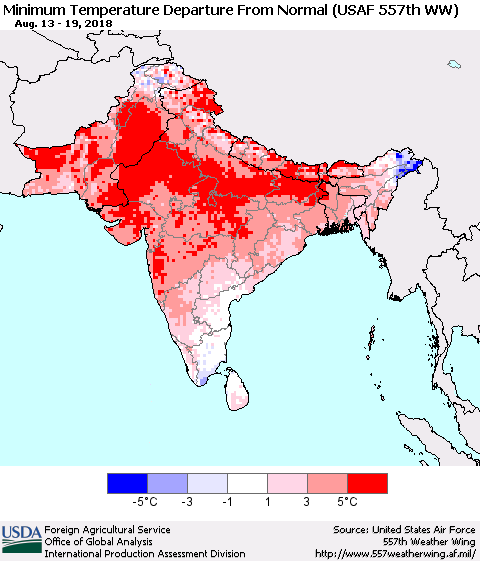 Southern Asia Mean Minimum Temperature Departure from Normal (USAF 557th WW) Thematic Map For 8/13/2018 - 8/19/2018