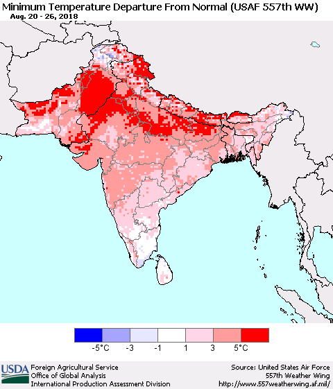 Southern Asia Mean Minimum Temperature Departure from Normal (USAF 557th WW) Thematic Map For 8/20/2018 - 8/26/2018