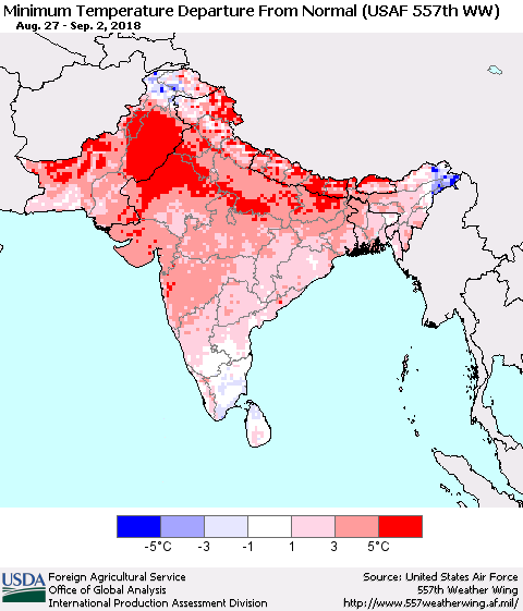 Southern Asia Mean Minimum Temperature Departure from Normal (USAF 557th WW) Thematic Map For 8/27/2018 - 9/2/2018