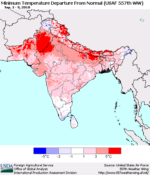 Southern Asia Mean Minimum Temperature Departure from Normal (USAF 557th WW) Thematic Map For 9/3/2018 - 9/9/2018