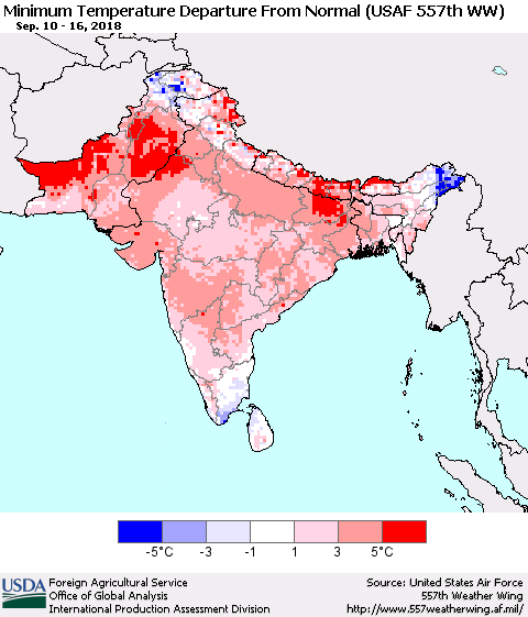 Southern Asia Mean Minimum Temperature Departure from Normal (USAF 557th WW) Thematic Map For 9/10/2018 - 9/16/2018