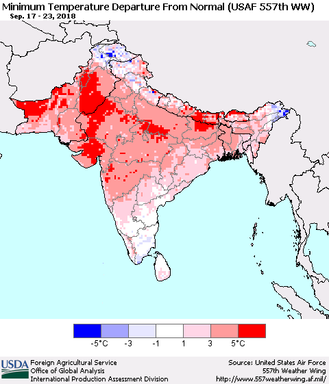 Southern Asia Mean Minimum Temperature Departure from Normal (USAF 557th WW) Thematic Map For 9/17/2018 - 9/23/2018