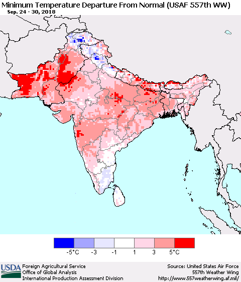 Southern Asia Mean Minimum Temperature Departure from Normal (USAF 557th WW) Thematic Map For 9/24/2018 - 9/30/2018