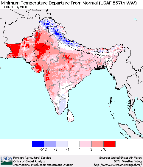 Southern Asia Mean Minimum Temperature Departure from Normal (USAF 557th WW) Thematic Map For 10/1/2018 - 10/7/2018