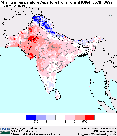 Southern Asia Mean Minimum Temperature Departure from Normal (USAF 557th WW) Thematic Map For 10/8/2018 - 10/14/2018
