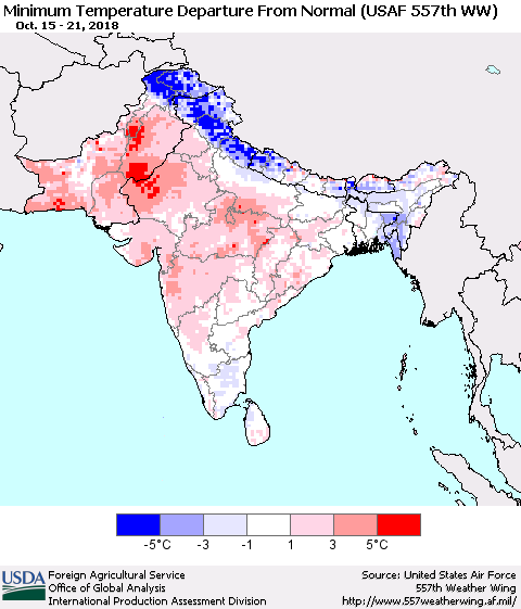 Southern Asia Mean Minimum Temperature Departure from Normal (USAF 557th WW) Thematic Map For 10/15/2018 - 10/21/2018