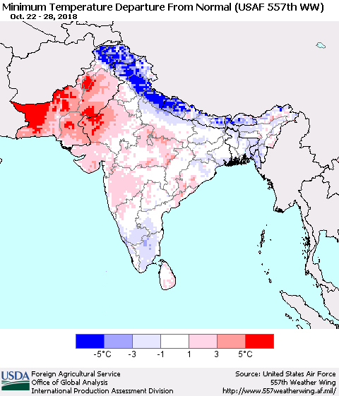 Southern Asia Mean Minimum Temperature Departure from Normal (USAF 557th WW) Thematic Map For 10/22/2018 - 10/28/2018