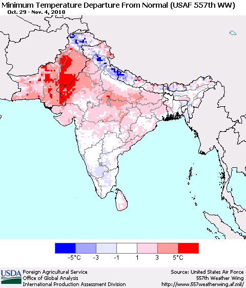 Southern Asia Mean Minimum Temperature Departure from Normal (USAF 557th WW) Thematic Map For 10/29/2018 - 11/4/2018