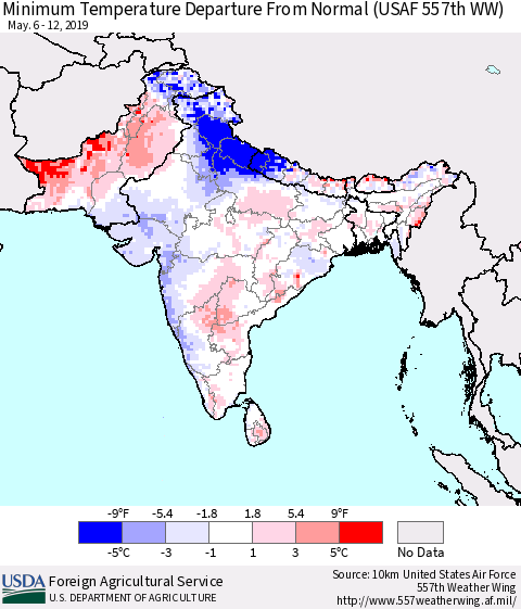 Southern Asia Minimum Temperature Departure From Normal (USAF 557th WW) Thematic Map For 5/6/2019 - 5/12/2019