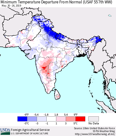 Southern Asia Mean Minimum Temperature Departure from Normal (USAF 557th WW) Thematic Map For 5/20/2019 - 5/26/2019