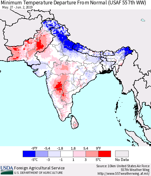 Southern Asia Minimum Temperature Departure From Normal (USAF 557th WW) Thematic Map For 5/27/2019 - 6/2/2019