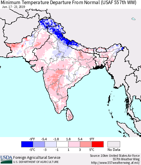Southern Asia Minimum Temperature Departure From Normal (USAF 557th WW) Thematic Map For 6/17/2019 - 6/23/2019