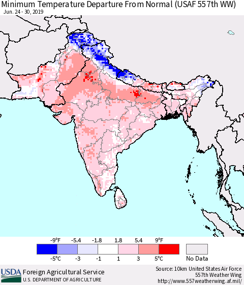 Southern Asia Minimum Temperature Departure From Normal (USAF 557th WW) Thematic Map For 6/24/2019 - 6/30/2019