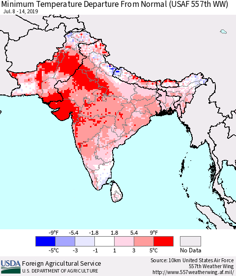 Southern Asia Minimum Temperature Departure From Normal (USAF 557th WW) Thematic Map For 7/8/2019 - 7/14/2019