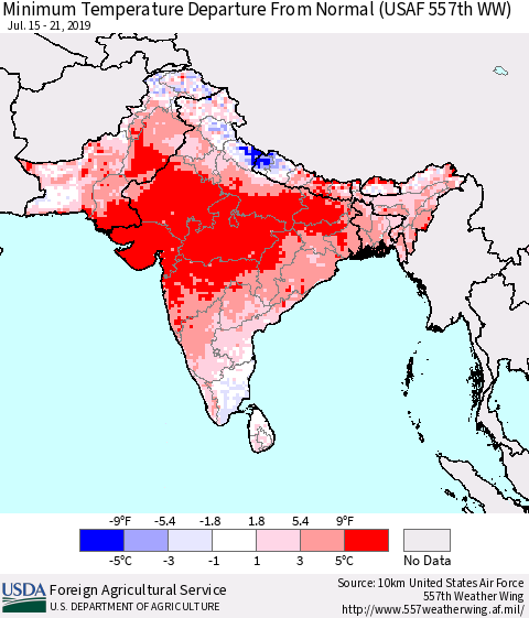 Southern Asia Minimum Temperature Departure From Normal (USAF 557th WW) Thematic Map For 7/15/2019 - 7/21/2019